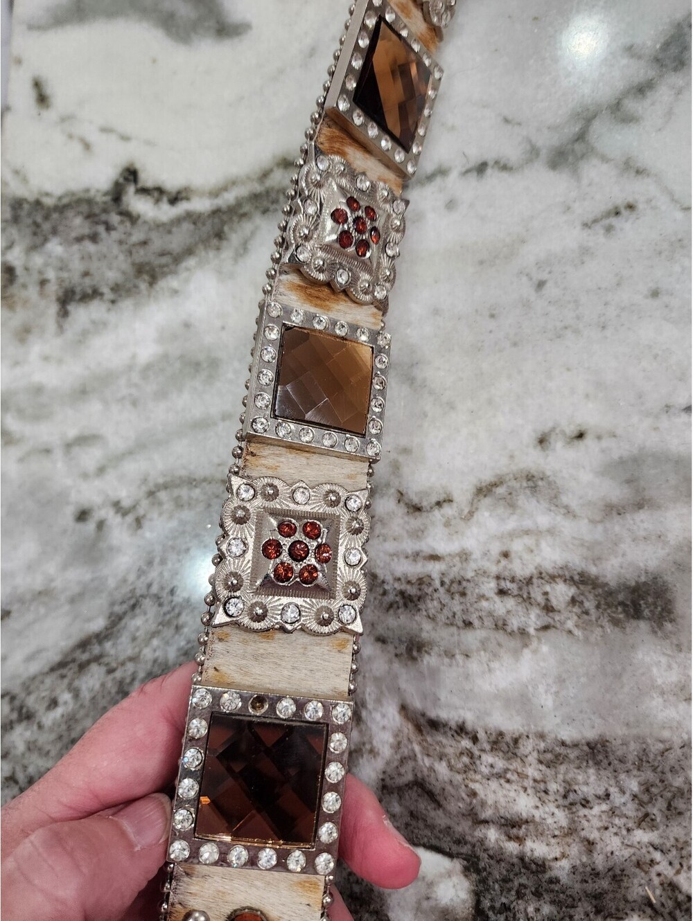 Western Style Belt with Brown and Amber Gemstone Accents and Silver Stud Detal - Picture 2 of 8